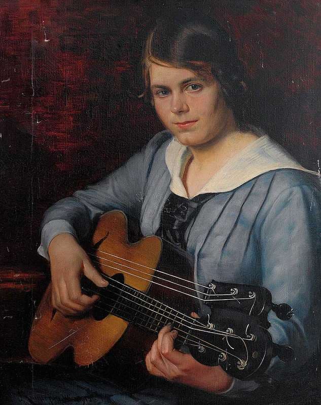 Portrait of young girl with harp-guitar