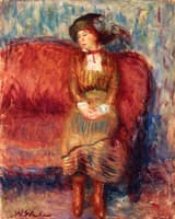 Woman Seated on Red Sofa