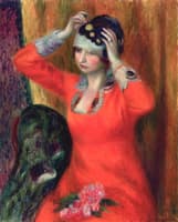 Girl in Red Dress Pinning on Hat