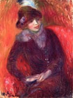 Seated Woman with Fur Neckpiece and Red Background