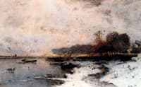 A Winter River Landscape At Sunset