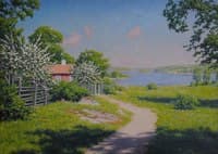 Cabin with blooming fruit trees