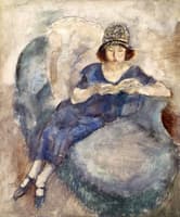 Girl in Blue Dress on Sofa, Reading