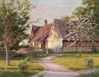Farm with blooming apple trees