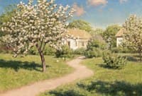 White farm in springtime