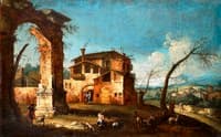 Capriccio View with Ruins of an Arch and Farmhouses