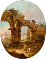 Architectural capriccio with figures by a ruined arch