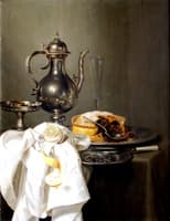Still life with silver ewer and pie
