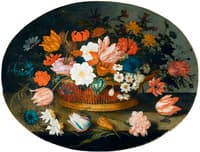 A Still Life of Tulips, Roses, Narcissi, Daffodils, Hyacinths, Anemones and an Iris in a Basket