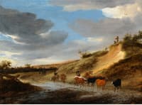 An extensive landscape with cattle and their herdsmen following a partly flooded road