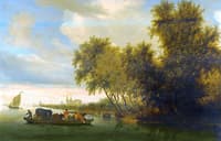 A river landscape with a ferry boat and a distant view of Deventer