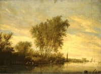 River landscape with fishermen setting out their nets, a ferry beyond