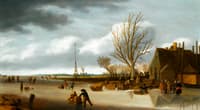 Winter Landscape with a Boy on skates pushing a Sled