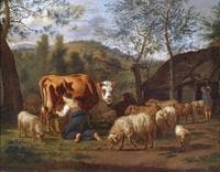 Maid milking a cow, a goat in front of the barn