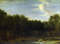 The Edge of a Wood, with a Sleeping Shepherd, Sheep and Goats
