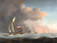 English Royal Yachts at Sea in a Strong Breeze, in Company with a Ship Flying the Royal Standard