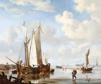 A wijdschip and a kaag in an inlet close to a sea-wall