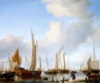Calm, A States Yacht under Sail close to the Shore with many other Vessels