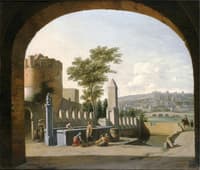Women gathered around a fountain outside a castle with a gentleman. etc.