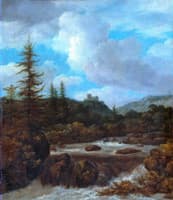 Landscape with a waterfall near a castle