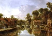 A village with a drawbridge over a river, etc.