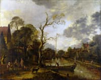 A View along a River near a Village at Evening