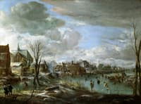 A Frozen River near a Village, with Golfers and Skaters