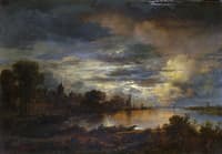 A Village by a River in Moonlight