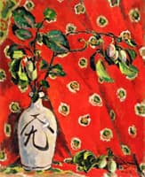 Still LIfe with a Fruit Tree Branch in Gray Bottle on Red Background