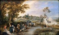 Landscape with figures and a village fair