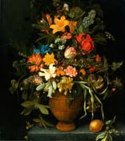 A Floral Still Life with Yellow and White Lilies, an Iris, a Sunflower, a Narcissus, etc.