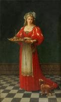 Interior Scene with a girl holding a tray of fruit with a dog by her side