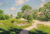 Cabin with blooming fruit trees