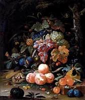 A still life of red and white grapes in a basket, peaches, plums