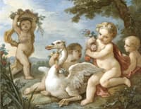Putti Adorning a Swan with a Garland of Flowers