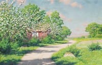 Flowering fruit trees at the red house