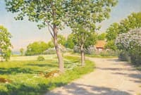 Village road with flowering lilacs