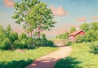 Summer landscape with red cottage