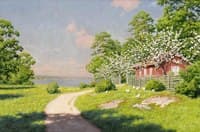 Cottage by the lake with the pecking hens