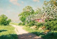 Cabin with blooming fruit trees