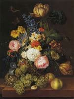 Flowers and fruit with a birds nest on a ledge