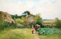 Woman with child outside the cottage