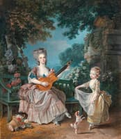 A Lady Playing Guitar and a Child Playing with a Dog in a Garden