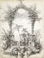 A Chinoiserie Composition, a Seated Girl Holding a Parasol and a Man in a Hat
