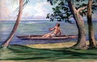 Boy in Canoe Passing in Front of Our House, Vaiala, Samoa
