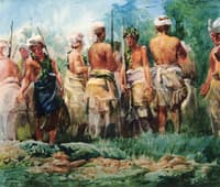 Soldiers Bringing Presants of Food in Military Order. Iva in Savaii, Samoa