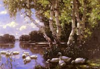 Eleven ducks under the birch in the water