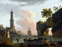 Mediterranean Harbor at Sunset with the Artist and Family