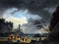 A Stormy Coastal Scene with Figure on a Beach Having Escaped a Shipwreck