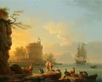 A Mediterranean Harbor Scene at Sunset with Fishermen